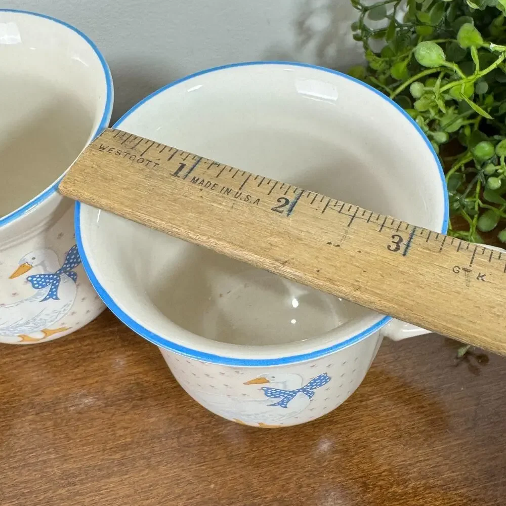 Vintage Aunt Rhody Goose Mugs Brick Oven Stoneware Blue Bow Cottage Core